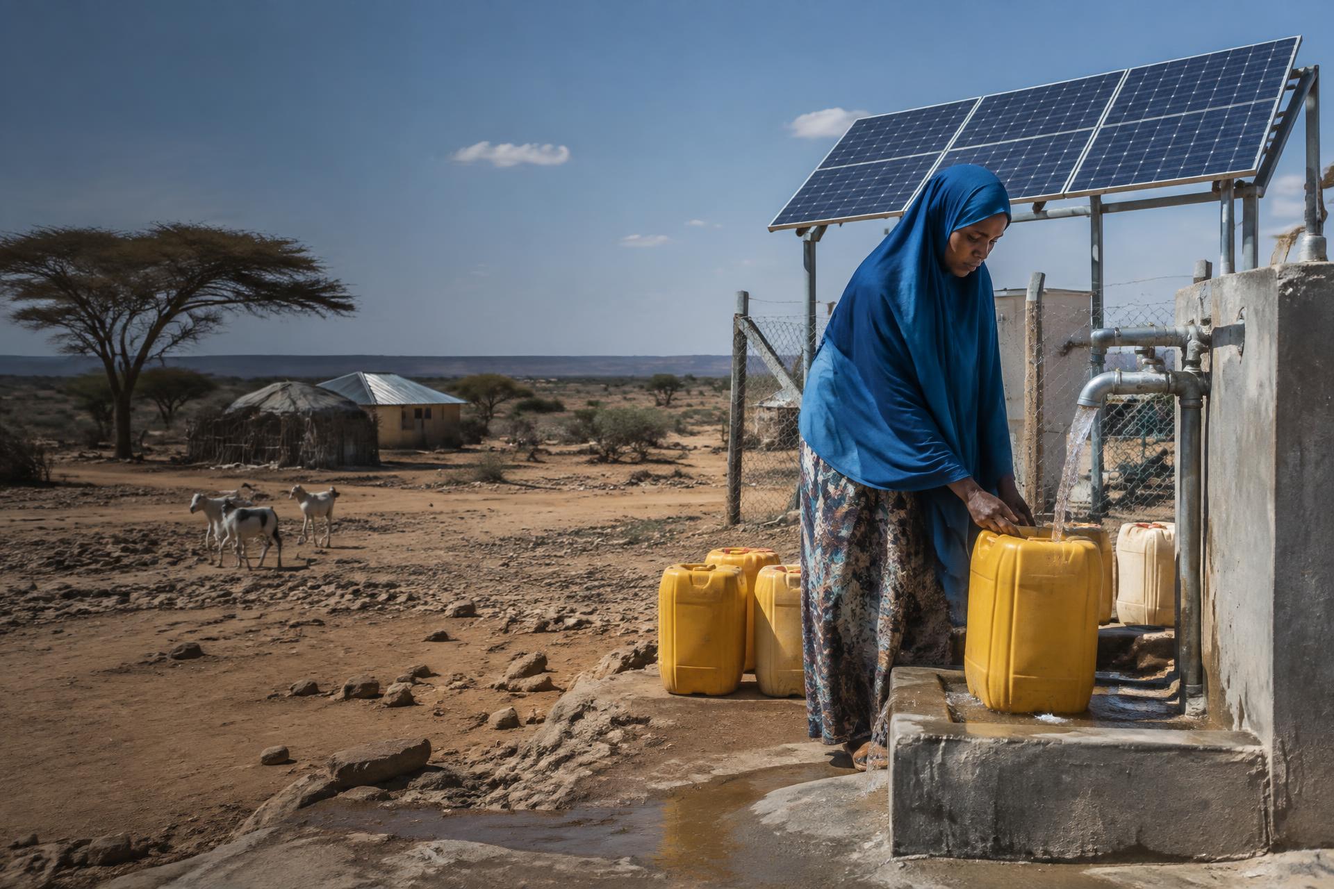 Illustration of a woman collecting water at a solar-powered water point